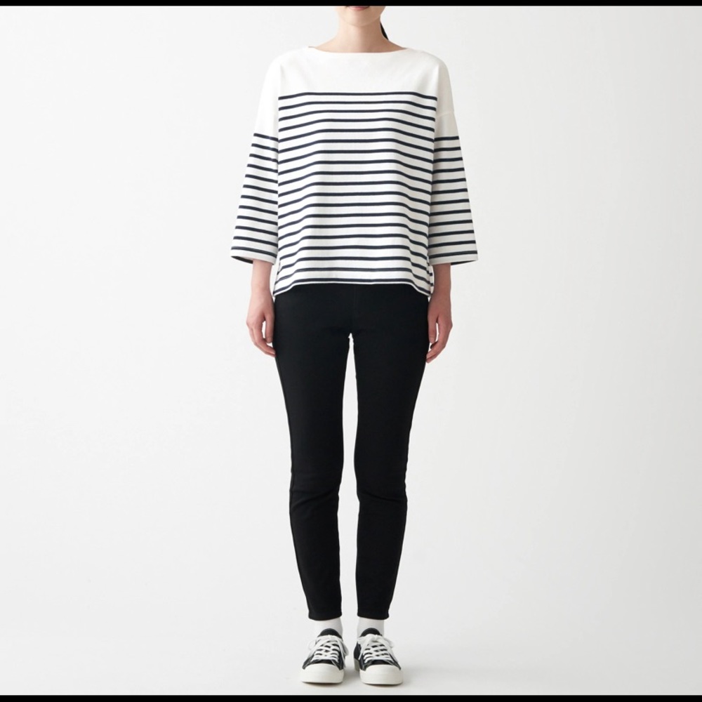 MUJI ORGANIC COTTON JERSEY BOAT NECK 3/4 SLEEVE T-SHIRT Blue Stripe